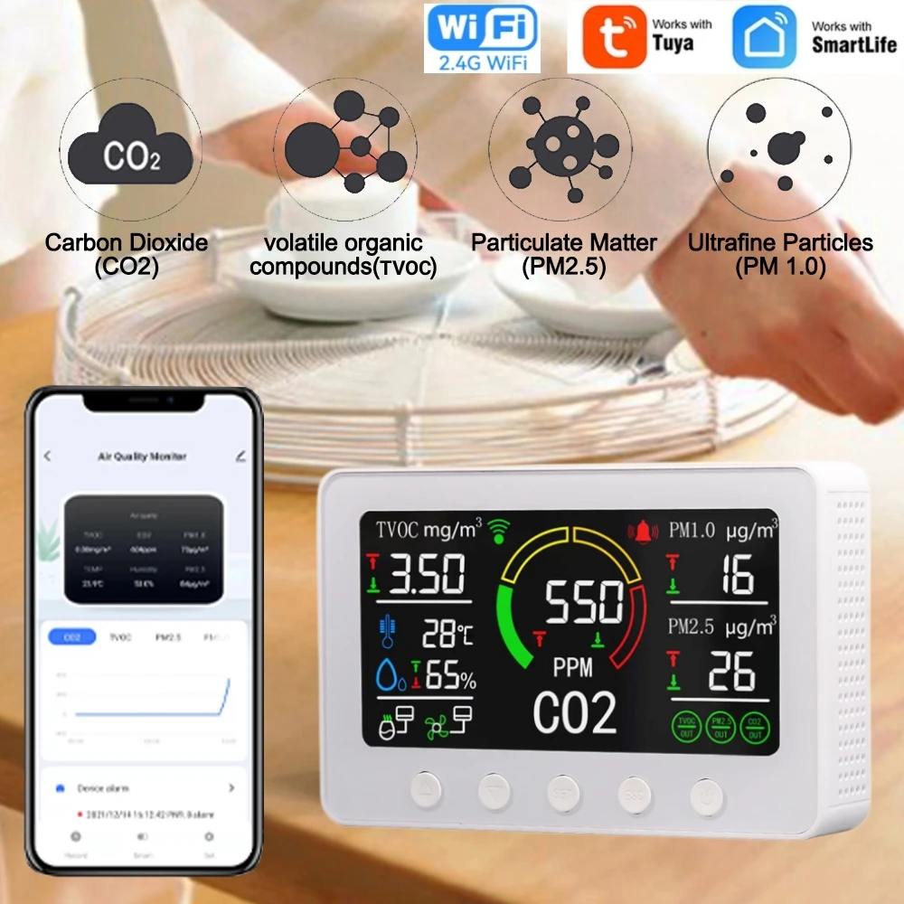 

Tuya Wi-Fi Smart Air Quality Monitor CO2 PM2.5 PM1.0 TVOC Formaldehyde Detector Temperature Humidity Accurate NDIR CO2 Sensor