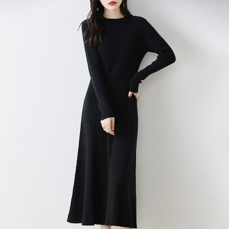 Winter/ Autumn Oneck Female Dresses 100% Wool Knitted Dress For Women 2023 New Arrival  Long Style 6Colors Jumpers SY01