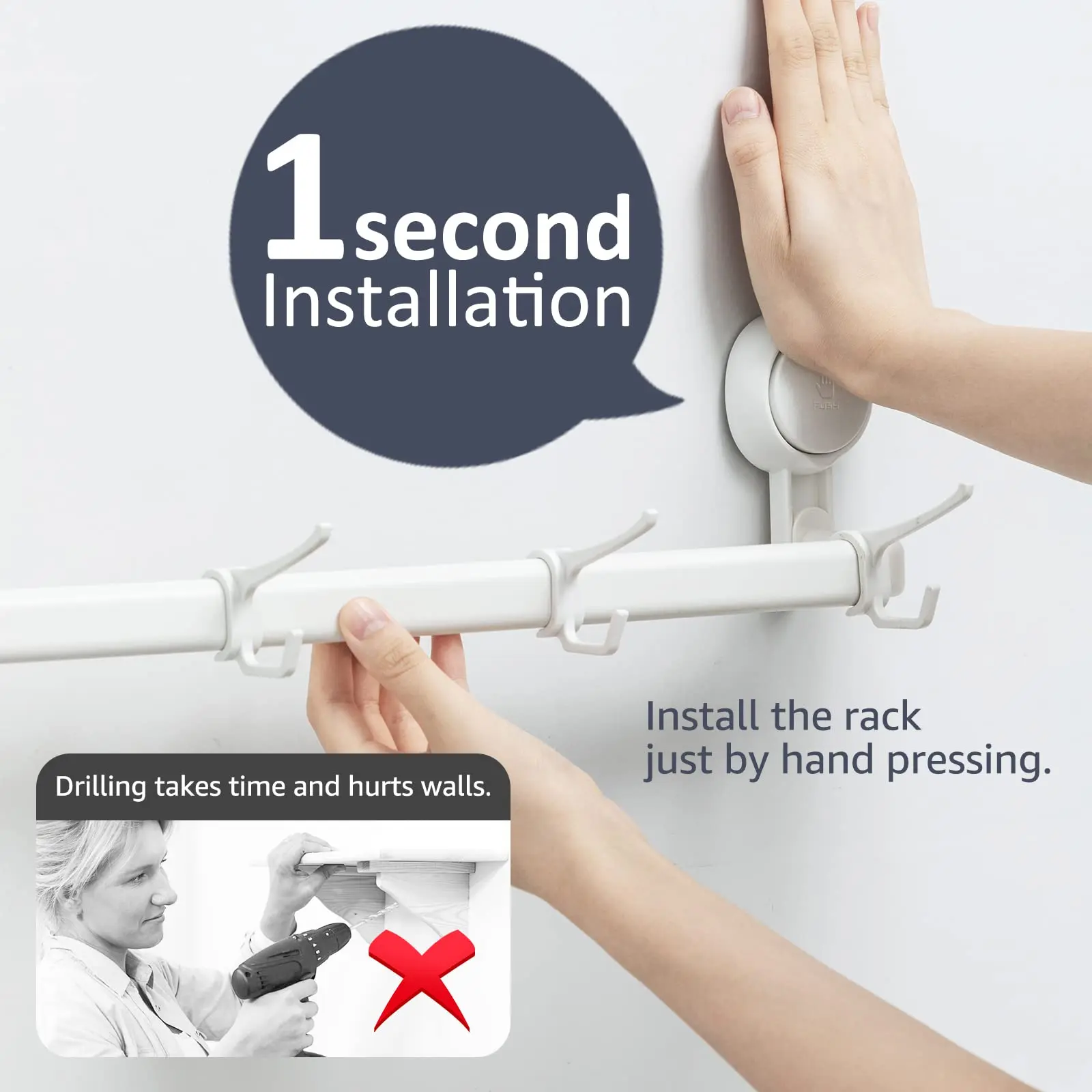 TAILI Shower Hanging Towel Bar 5 Hooks Drill-Free Suction Cup Towel Rack Wall Mounted Removable Holder Bathroom