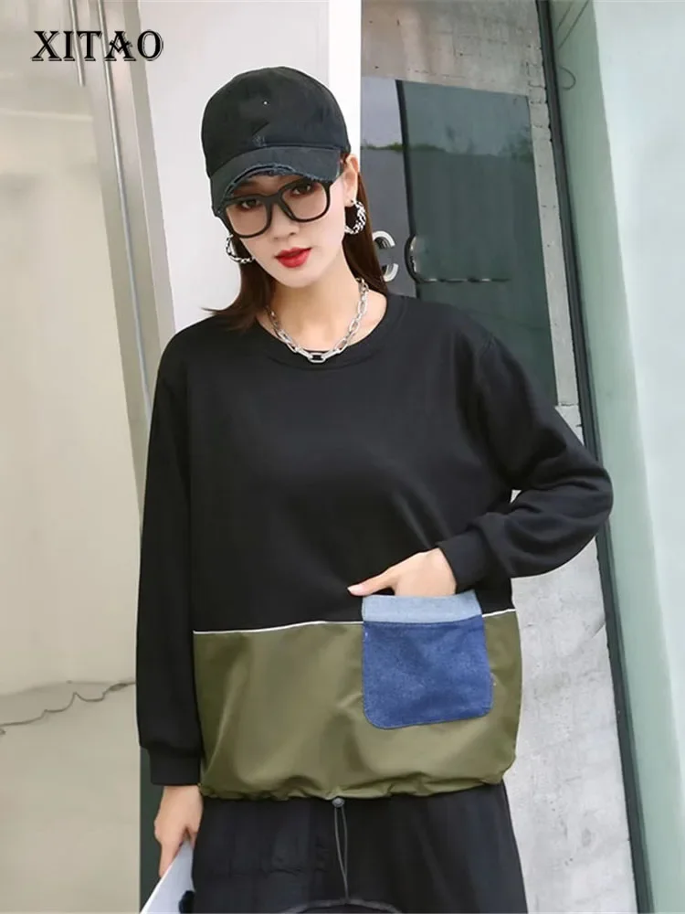 

XITAO Pullover Sweatshirt O-neck Full Sleeve Pocket Patchwork Contrast Color Hem Adjustable Casual Loose Women New Autumn JL0129