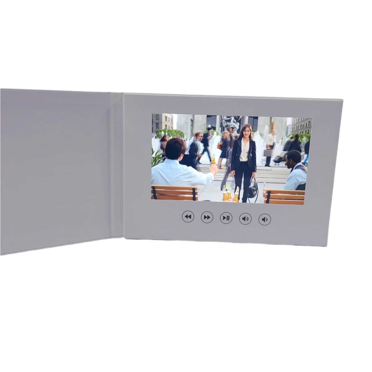 All white 7 inches hard cover video brochure with IPS screen 4G memory 2000mah battery magnet activation 5 buttons
