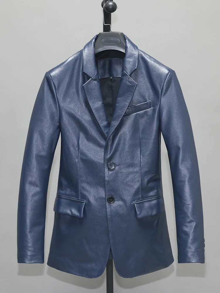 

New Spring Autumn Fashion Men's Suit Genuine Leather Real Natural Cowhide Coat Jacket for Male Blue Plus Oversize 3XL XXXL