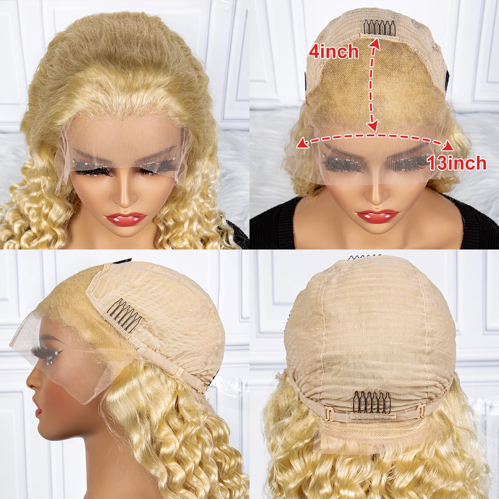 Deep Wave Wig Blonde 613# 250% Density Deep Wave Wavy Curly Human Hair Wigs 13x4 Transparent Lace Frontal Wig for Black Women