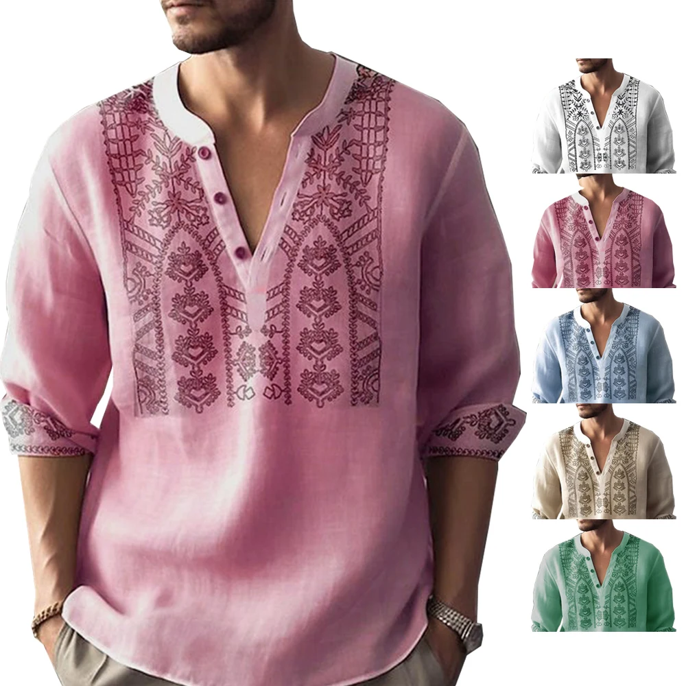 

Men's Shirt Linen Stand Collar Floral Graphic Prints Outdoor Street Print Long Sleeve Clothing Pullover Blouse Tunic T-Shirt
