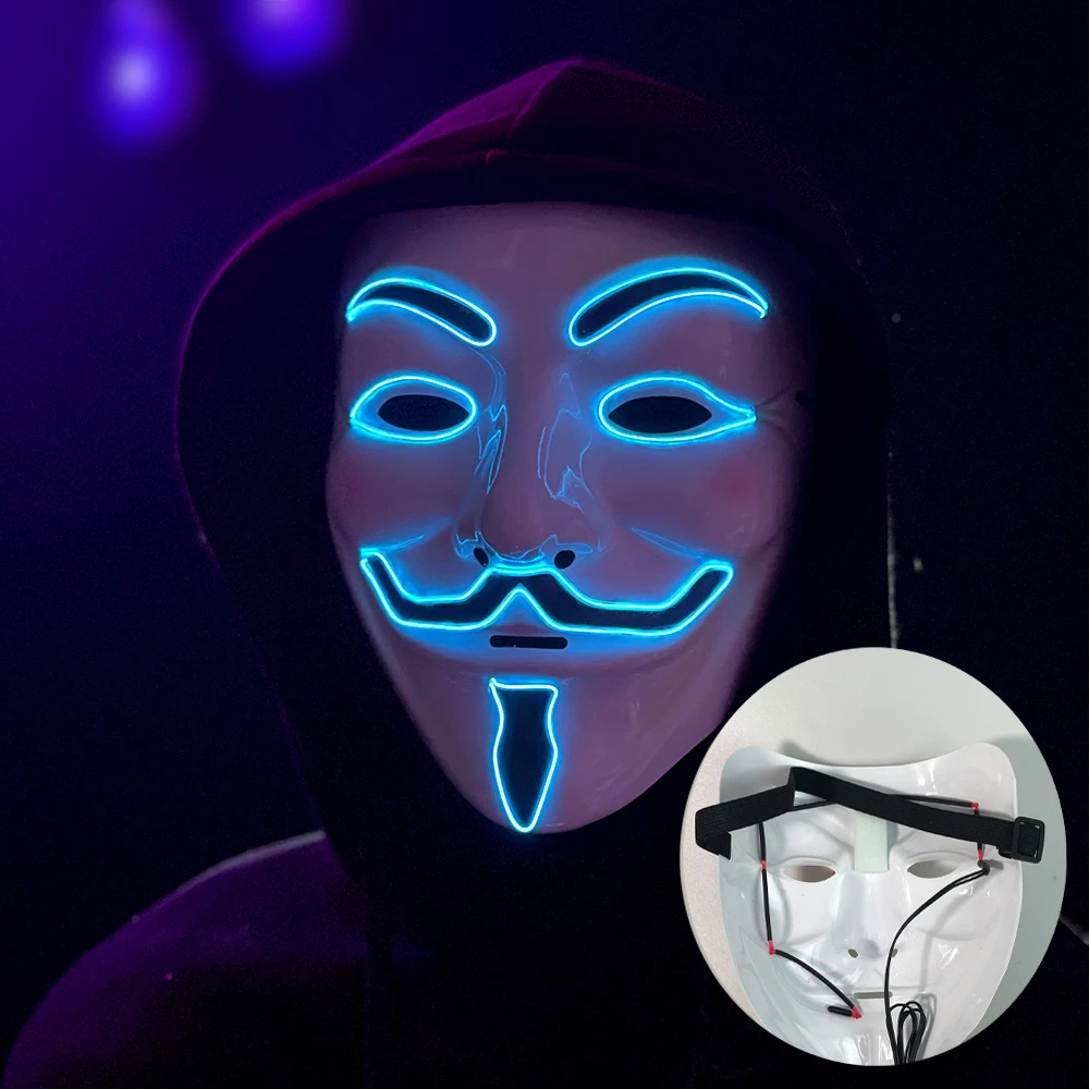 Led 해커 마스크 V Vendetta 마스크 성인 빛나는 Led 라이트 업 마스크 파티 의상 액세서리 소품 할로윈 마스크
