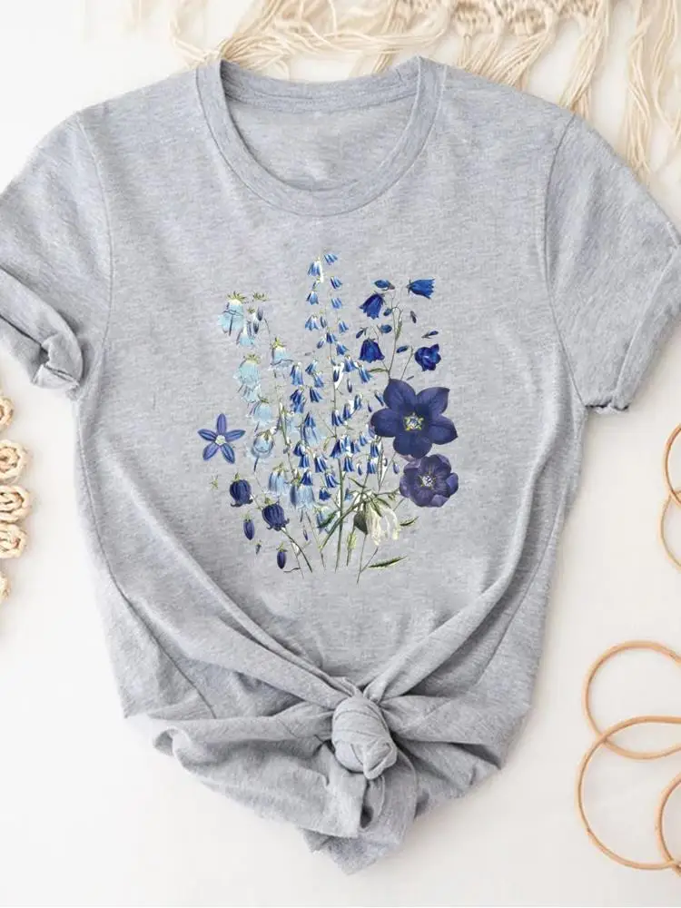 Women Clothing Print Gray T Shirt Short Sleeve Summer Top Plant Flower Trend Fashion Clothes Basic Tee Graphic T-shirt