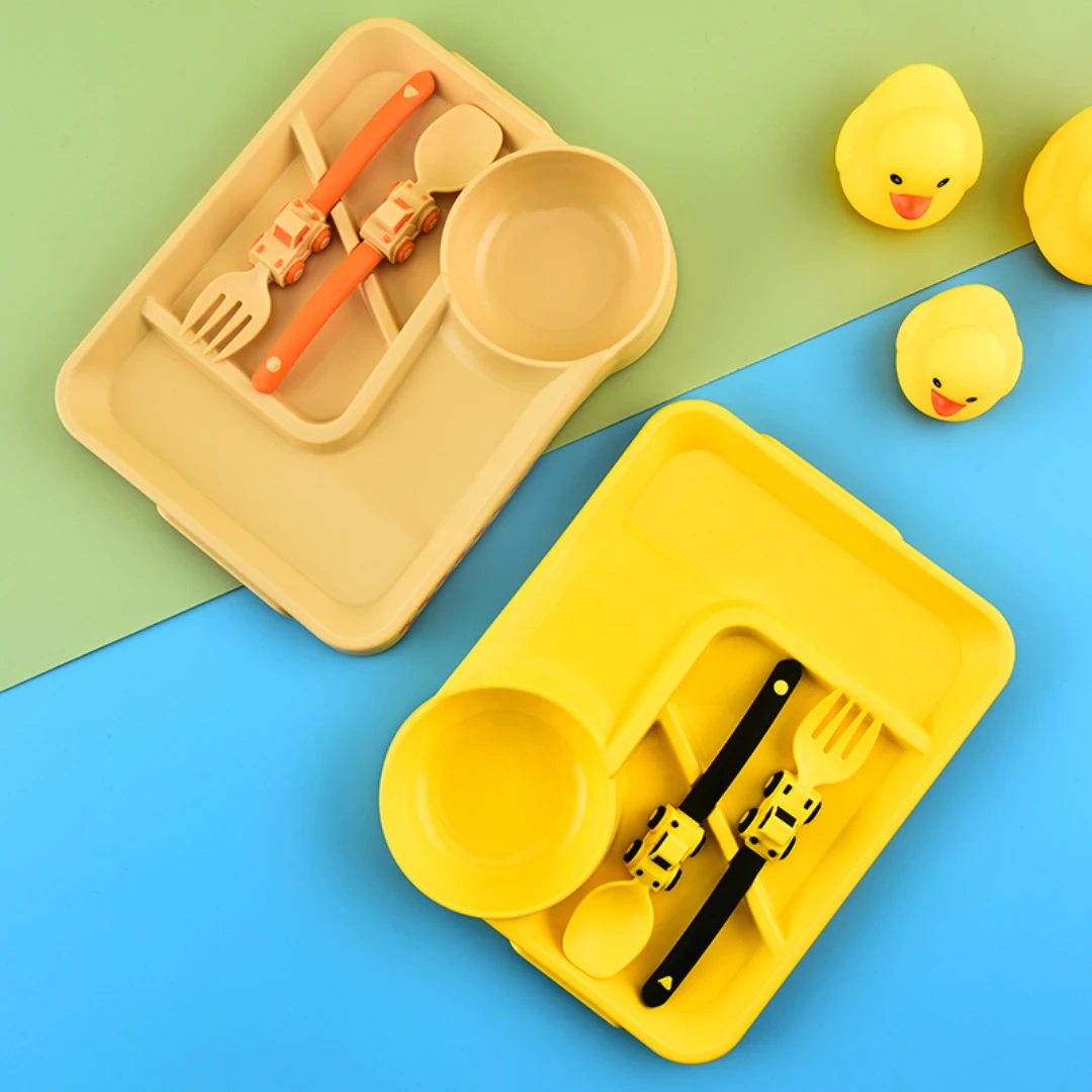 Baby Tableware Set Baby Tableware Set Spoon Fork Dinner Plate Children Racing Version Feeding Tableware Cartoon Car Design BPA Free