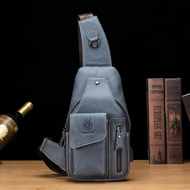 SCHLATUM Genuine Leather Chest Bag Men's Fashion Style Casual Straddle Bag Business Large Capacity Leather Men's