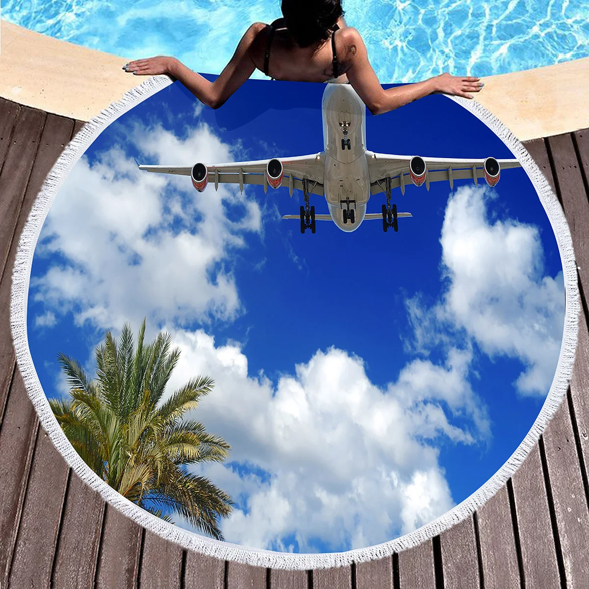 

Round Beach Towel Aircraft Printing Polyester Sand Resistant Beach Blanket,Absorbent Quick Dry Pool Towel Portable Picnic Mat