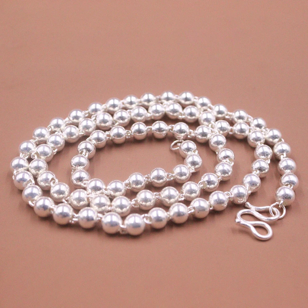 

Pure S999 Fine Silver Women Men 6mmW Smooth Beads Chain Link Necklace 60cmL 28-30g