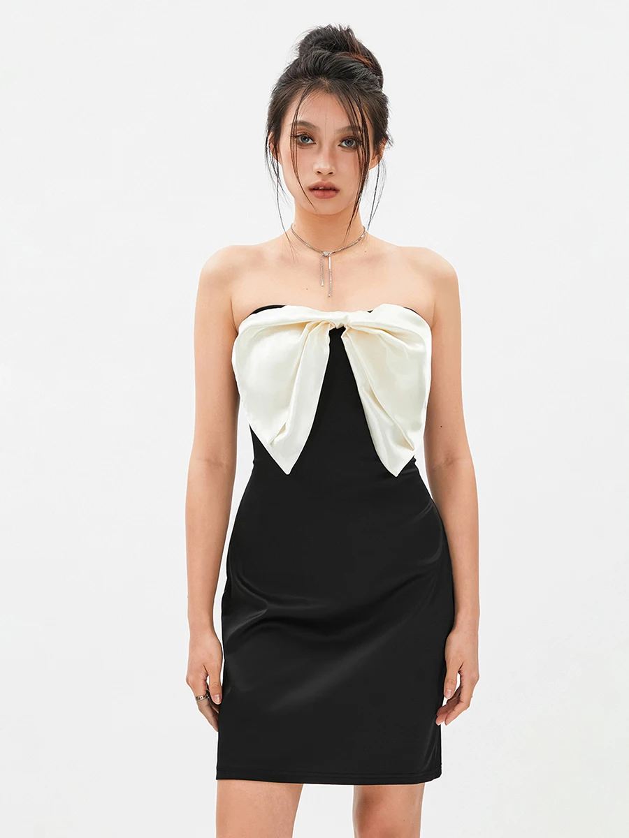 Elegant Sleeveless Off-shoulder Dress with Contrast Color Bows Strapless Backless Design for Party or Beach Wear