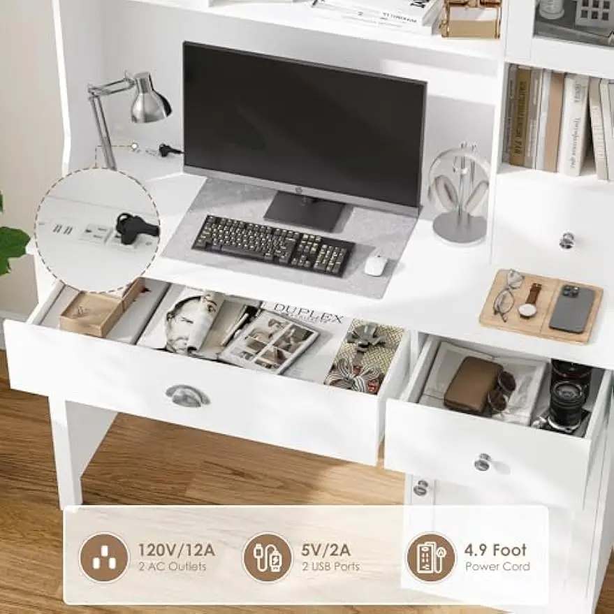 Computer Desk with Hutch, White Desk with Drawers and Power Outlet, Study Desk, Writing Desk with 3 Doors and 3 Drawers, Combina 6