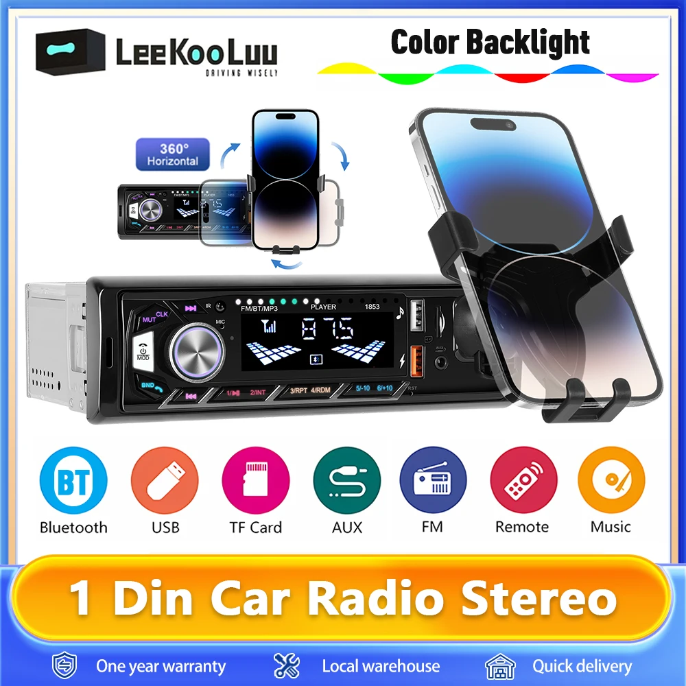 Leekooluu-Autoradio stéréo Bluetooth avec support pour téléphone, lecteur MP3, récepteur FM, prise en charge du chargement du téléphone, carte AUX, USB, TF, 1Din