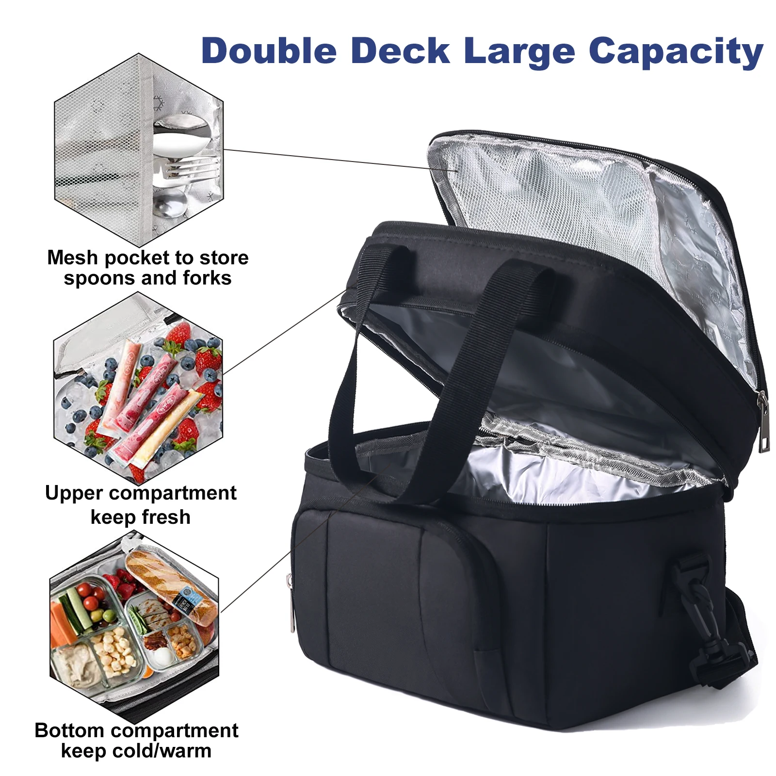 Double Insulated Lunch Bag Layer Portable Thermal Lunch Box Waterproof Picnic Heat Insulating Bag with Adjustable Strap 3
