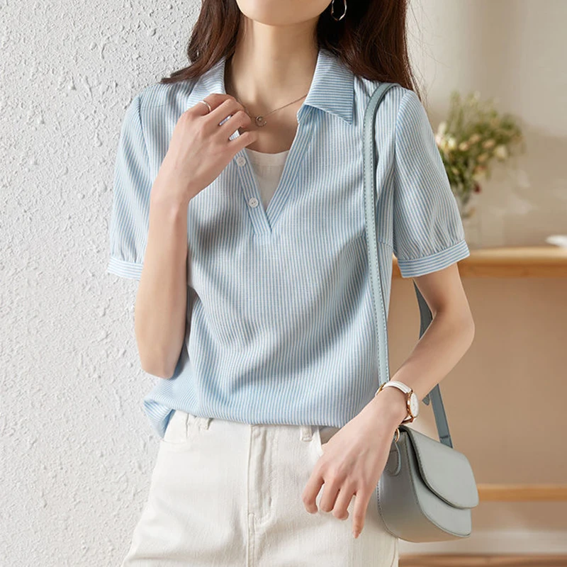 

Summer Women Elegant Chic Striped Patchwork Fashion Blouses Shirts Casual Simple V Neck Short Sleeve Loose Top Female Clothing