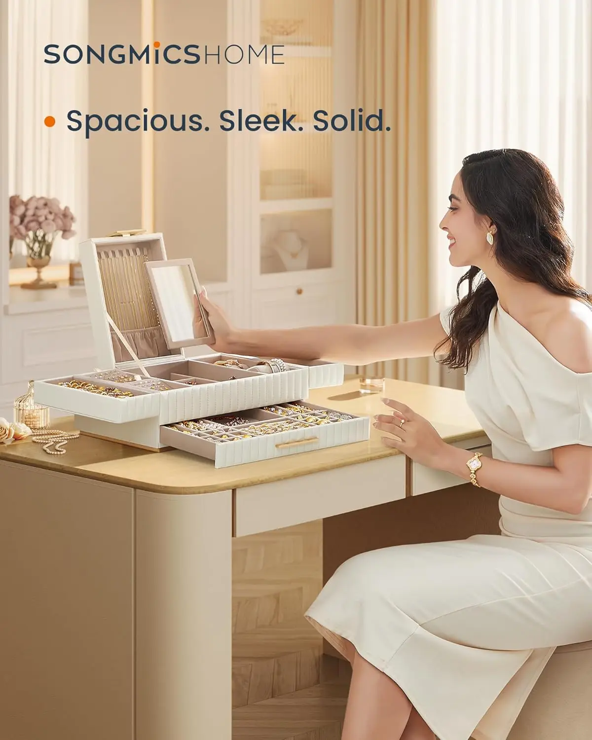 Large capacity jewelry box with mirror, jewelry storage with drawers, PU surface with stitching, 10.6 x 15 x 6.3 inches 2