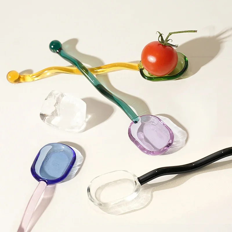 Glass Spoon Solid Color High Temperature Resistant Spoon Creative Long Spiral Handle Juice Coffee Extended DIY 1pc