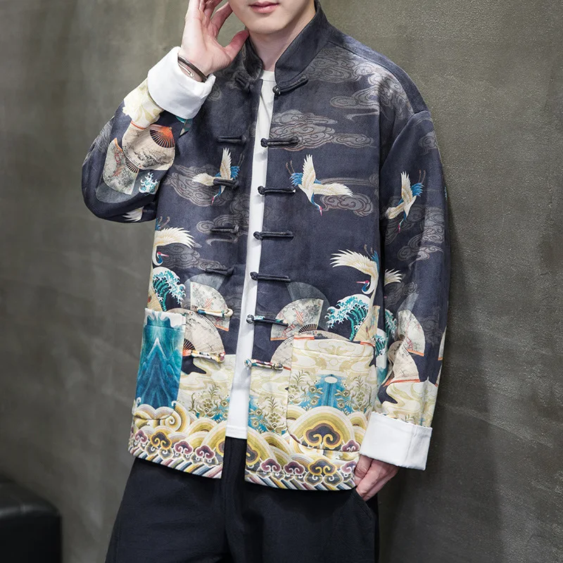 Large Size Male Tang Suit Top Coat Print Crane Jacket New Chinese Tradition Button Up Men Clothing Suede Fabric Uniform Blouse