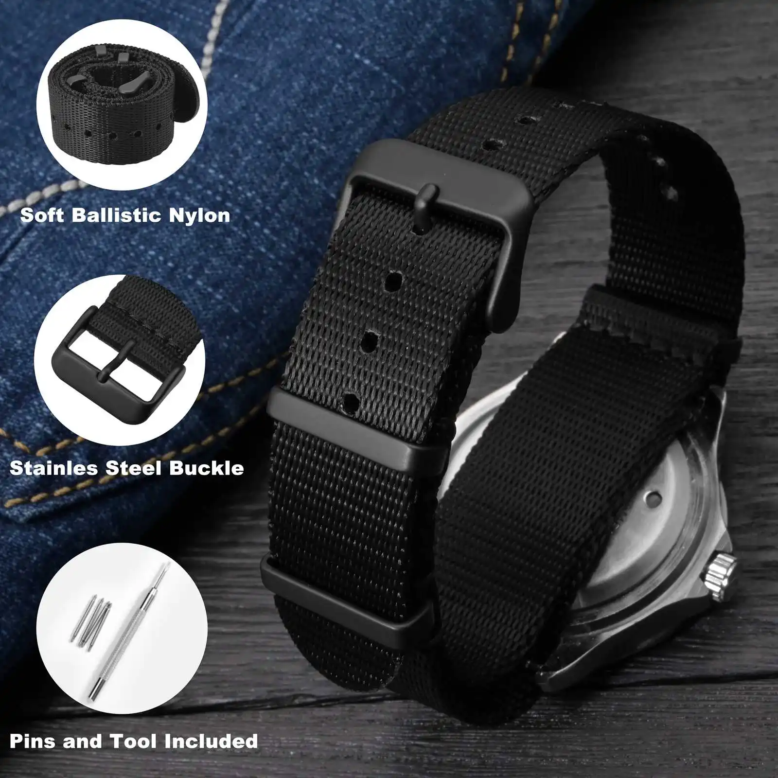 ANNEFIT Bracelet Montre Nylon Sport Avec Boucle Acier Inoxydable - Bande Remplacement 16mm 18mm 20mm 22mm, Léger Et Respirant