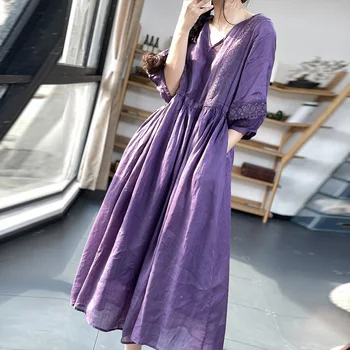 Summer Sweet Lace Trim Patchwork Linen Seven Sleeve Dress Loose Ageless Thin Linen Long Dress Japanese Style Embroidered A-Li... 1