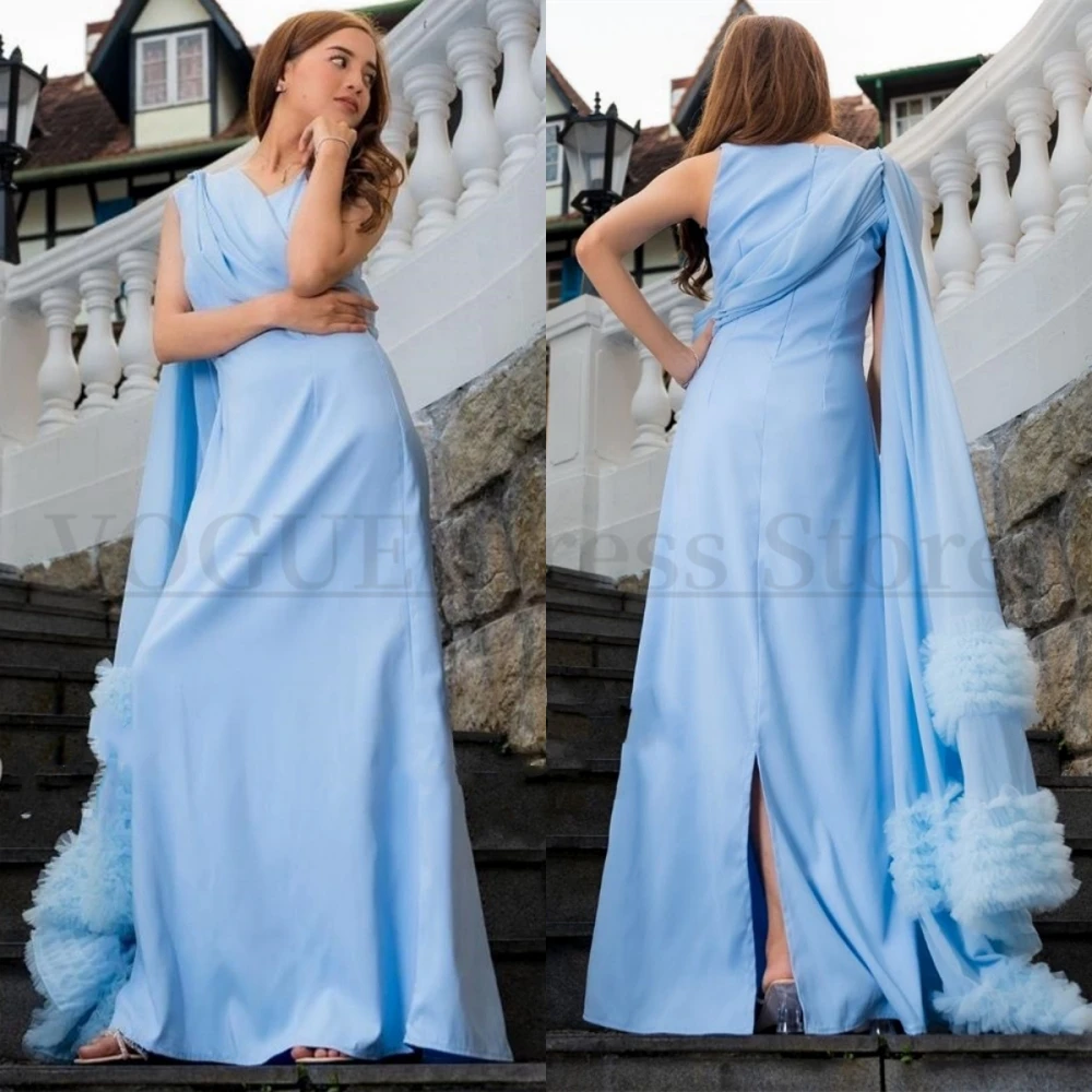 

VD Blue Chiffon Evening Dresses with Pleated Long Vintage Wedding Guest Dress Ruffles One Shoulder vestidos festas e eventos