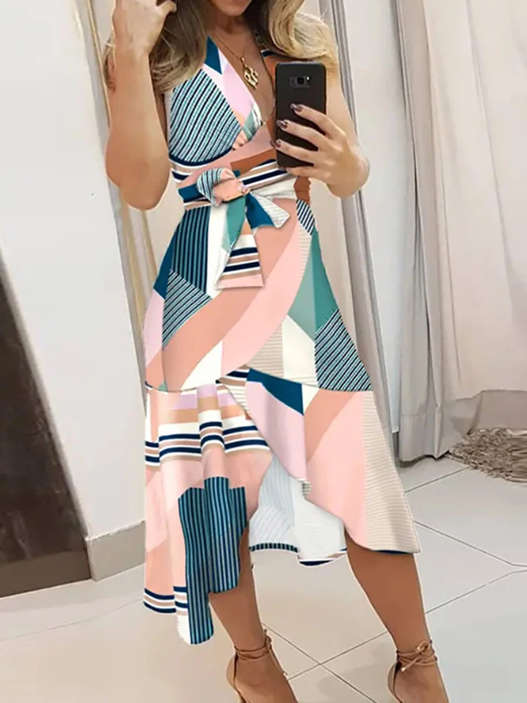 

Women V Neck Vintage Printed Midi Dress Elegant Ladies Slim Patchwork Office Dress Summer Sleeveless Irregular Dresses Vestidos