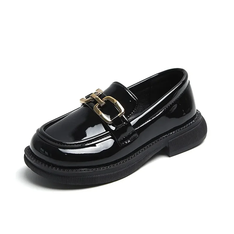 Girls Leather Shoes Spring New Kids Fashion Britain Style Casual Classic Buckle Loafers Black Glossy Breathable Slip-on leather shoes girls shoes girls flats