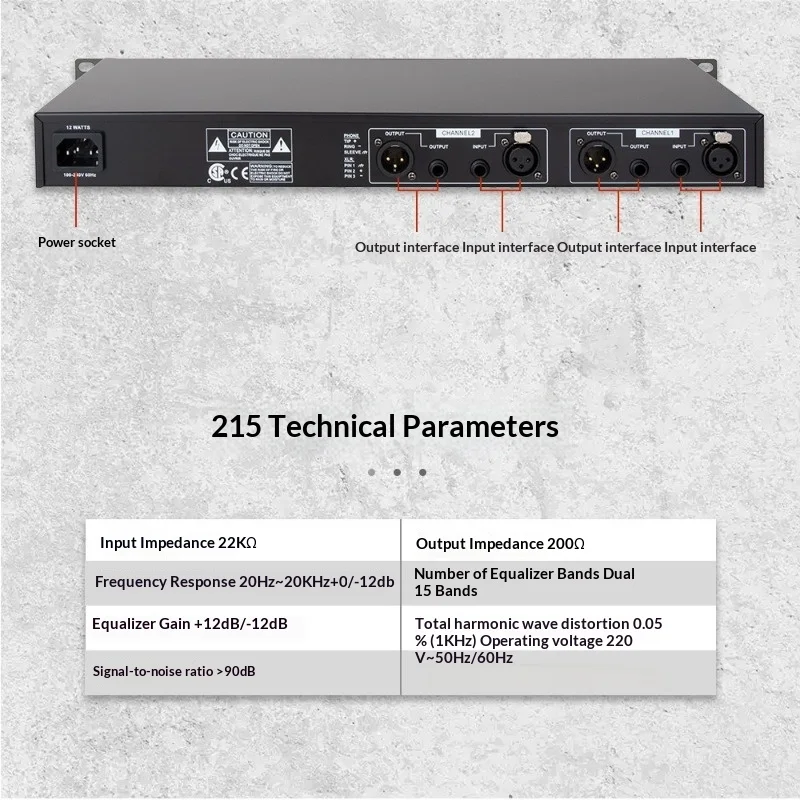 215 프로페셔널 그래픽 이퀄라이저 - ±12dB 부스트/컷 기능이 있는 15밴드 듀얼 채널 EQ, 40Hz 로우컷, 무대 PA 시스템용 LED 미터