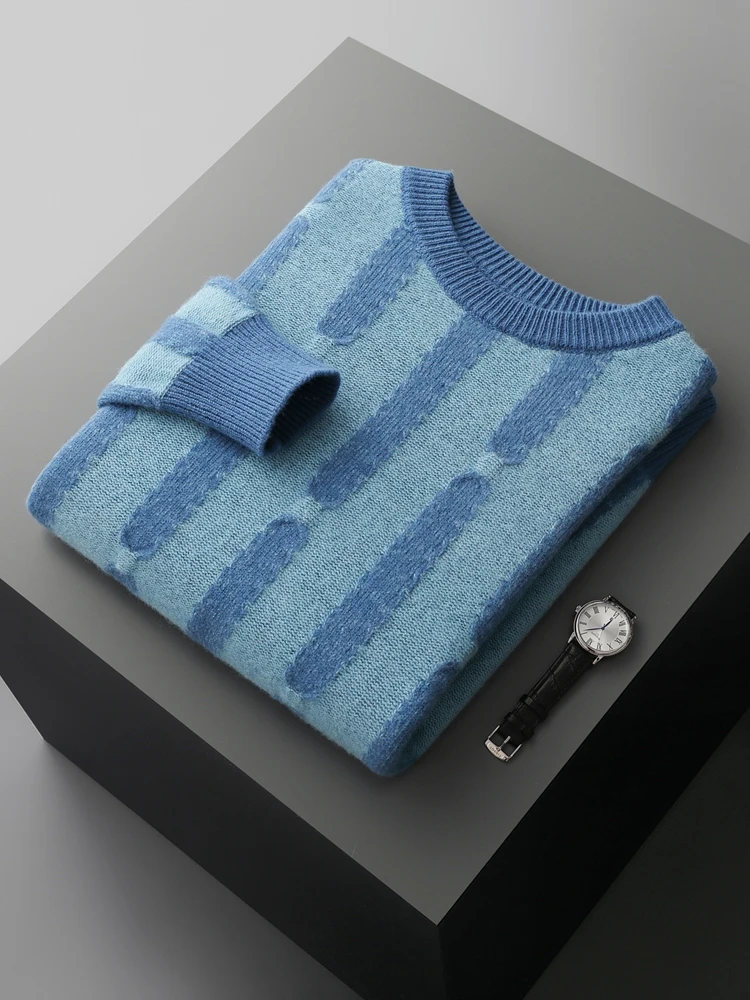 New High Quality Men's Thick Pullover Jacquard Sweater Autumn Winter 100% Merino Wool Knitwear O-Neck  Soft Casual Popular Tops 3