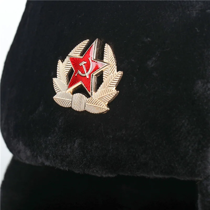 Gorro de invierno Ushanka ruso con bolsillo secreto y emblema de estrella  roja (extraíble)