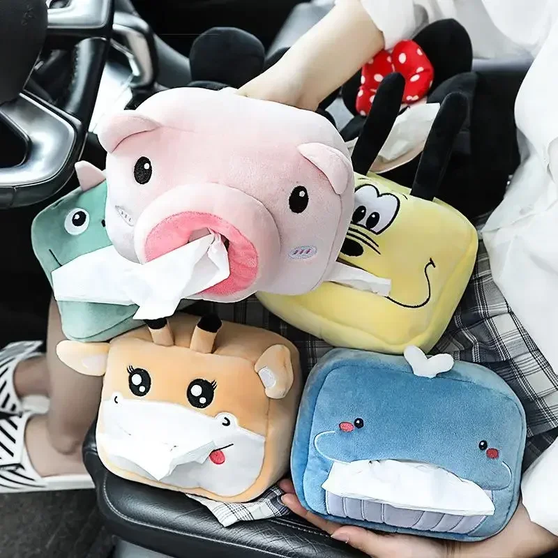 Cute Plush Cartoon Car Tissue Box Holder Animals Napkin Paper Car Portable Box Multi-function Decoration Car Accessories