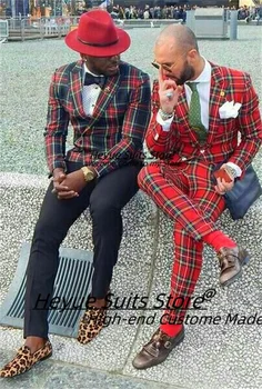 Fashion Red Plaid Men Suits Customized Groom Tuxedos Slim Fit Peak Lapel Male Blazers 2 Pieces Sets Handsome trajes para hombre