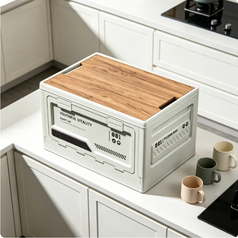 Folding Storage Box with Wooden Lid Car Trunk Organizer Multifunctional Box for Outdoor Camping Home Daily Storage
