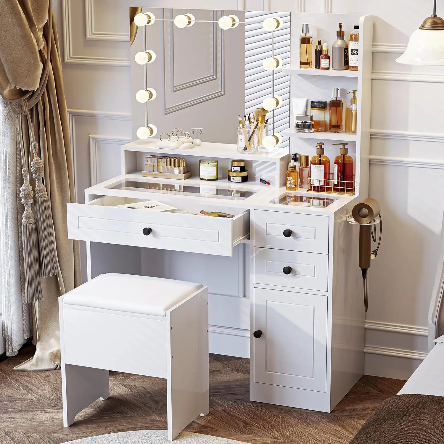 

White Makeup Vanity Desk with Mirror and Lights, 3 Lighting Mode,Girls Vanity Set with Drawers Shelves Storage Cabinet and Stool
