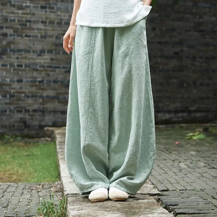 fashion clothing Spring Solid Color Pockets Loose Pants 2022 New Women Vintage Elastic Waist Cotton Linen Wide Leg Full Length Pants RV390 dickies 874 Pants & Capris