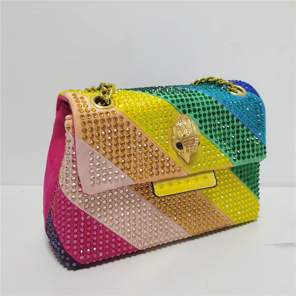 New Rainbow Patchwork Eagle Head Handbag Suede Diamond Women Purse Jointing Colorful Cross Body Bag