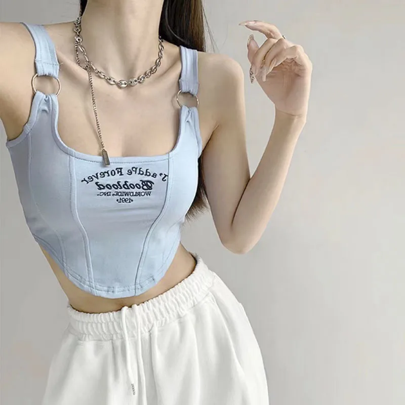 

2023 Design Embroidery Letter Knitted Short Tank Tops With Bra Pad Sexy Slim Stripe Tops Y2K Shoulder Belt Iron Ring Tank Top