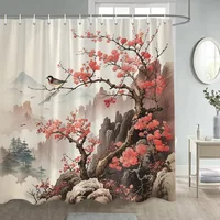 Japanese Style Flowers Bird Shower Curtain Abstract Mountain Red Floral Plant Ink Art Landscape Fabric Decor Bathroom Curtains 1