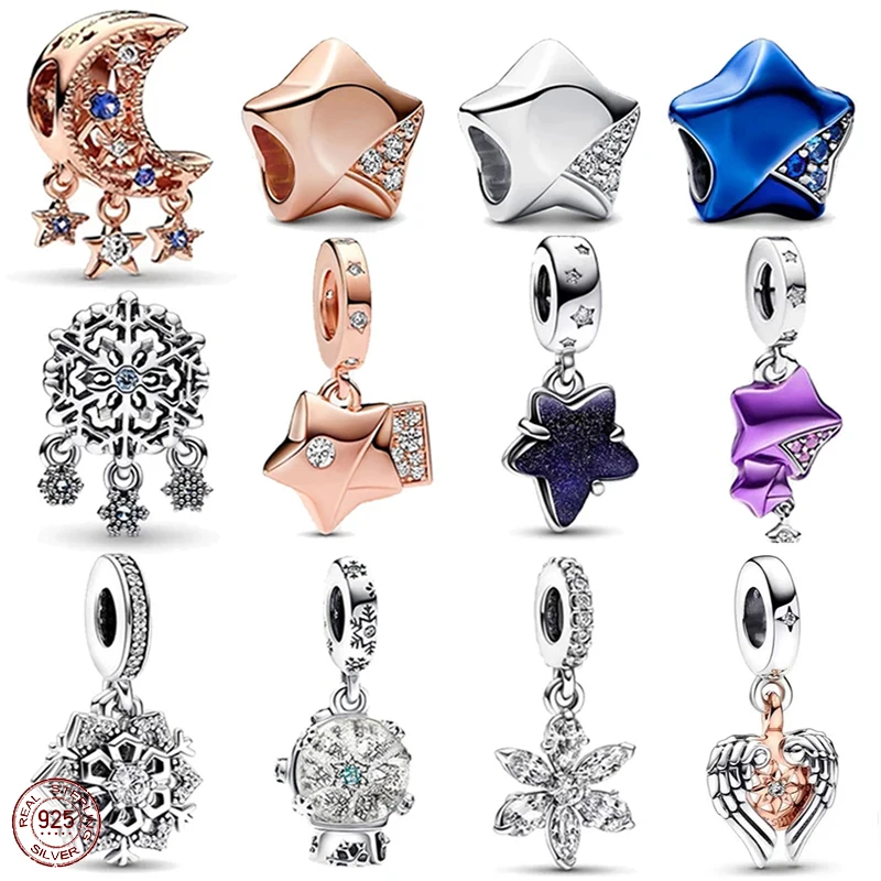 

Lucky Star Series Beads 925 Sterling Silver Shining Snowflake Pendant fit Original Pandora Charm Bracelet Women's DIY Gift