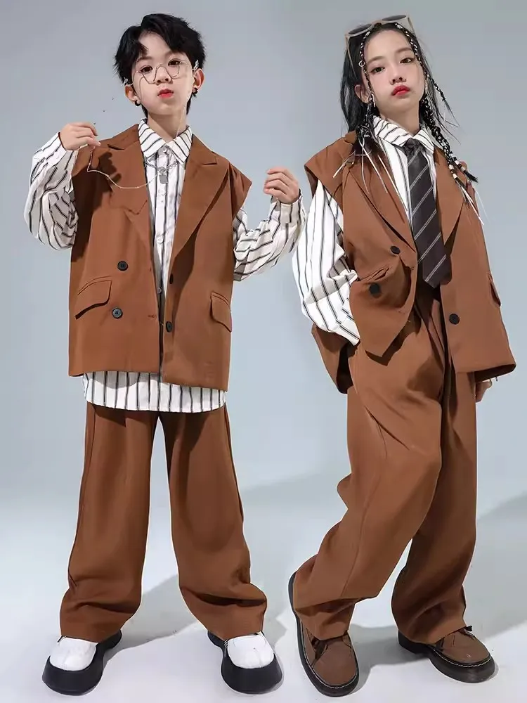 New Hip Hop Kids Clothes Brown Vest Pants Long Sleeves Shirts Boys Street Dance Breaking Performance Costume Girls Suit BL11850