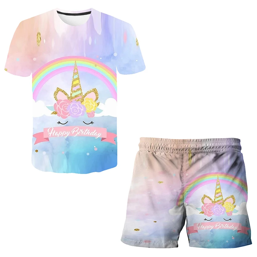 Clothing Sets for children Fashion Uniconrn Children Summer Clothes Sets Baby Girls Princess Clothing Outfits Kids 3D Sports T Shirts Short Pants 2Pcs Suit winter baby suit