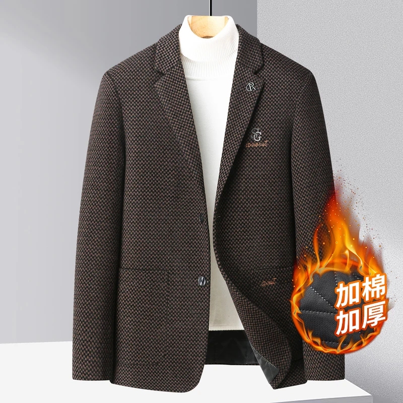 

New fashion trend handsome business autumn and winter plus cotton suit men's business leisure thousand bird lattice suit jacket