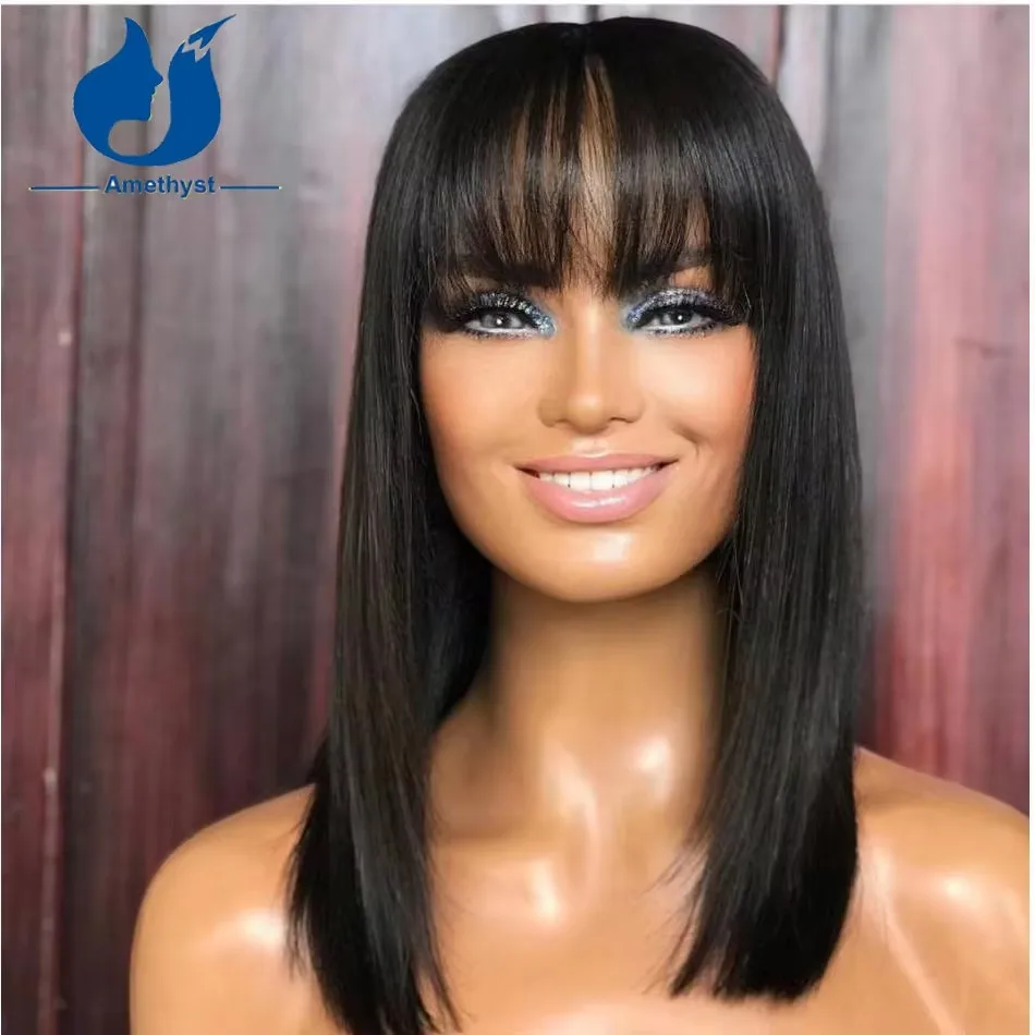 여성용 자수정 허니 블론드 하이라이트 인모 가발, 앞머리 있는 풀머신 가발, 스캘프탑 브라질 레미 스트레이트 헤어