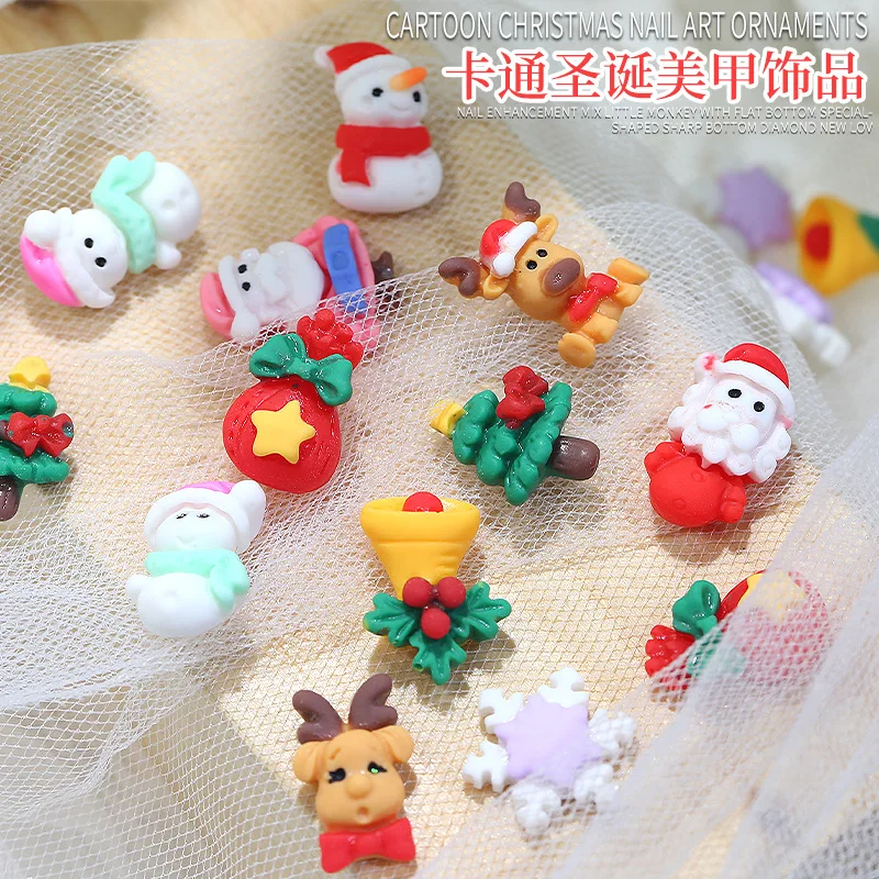 

10Pcs Cartoon Christmas Series Nails Accessories 3D Resin Nail Art Charms Mini Elk Snow Santa Decorations Nails Design Ornaments