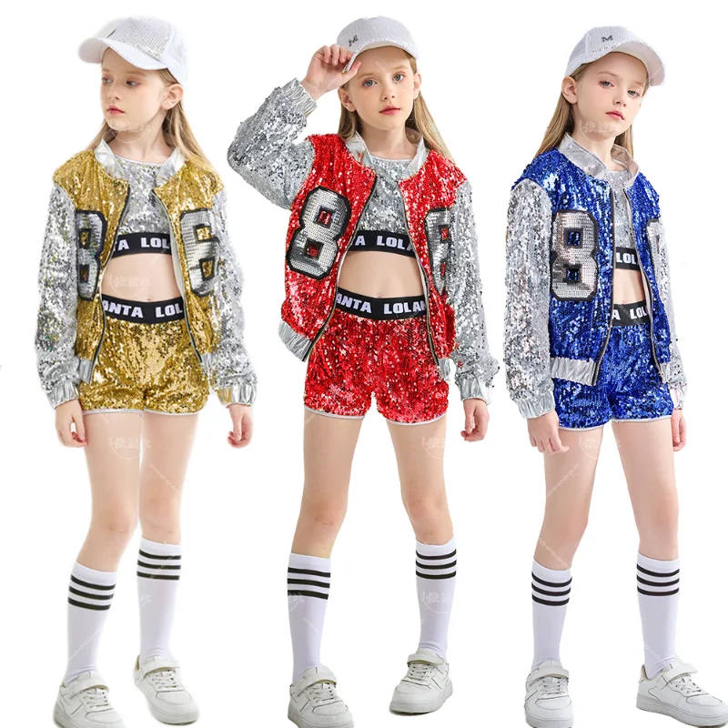 Girls girl dance costume children costumes pink sequin crop tops shorts jacket dancewear costume hip hop modern jazz dance stage performance wear