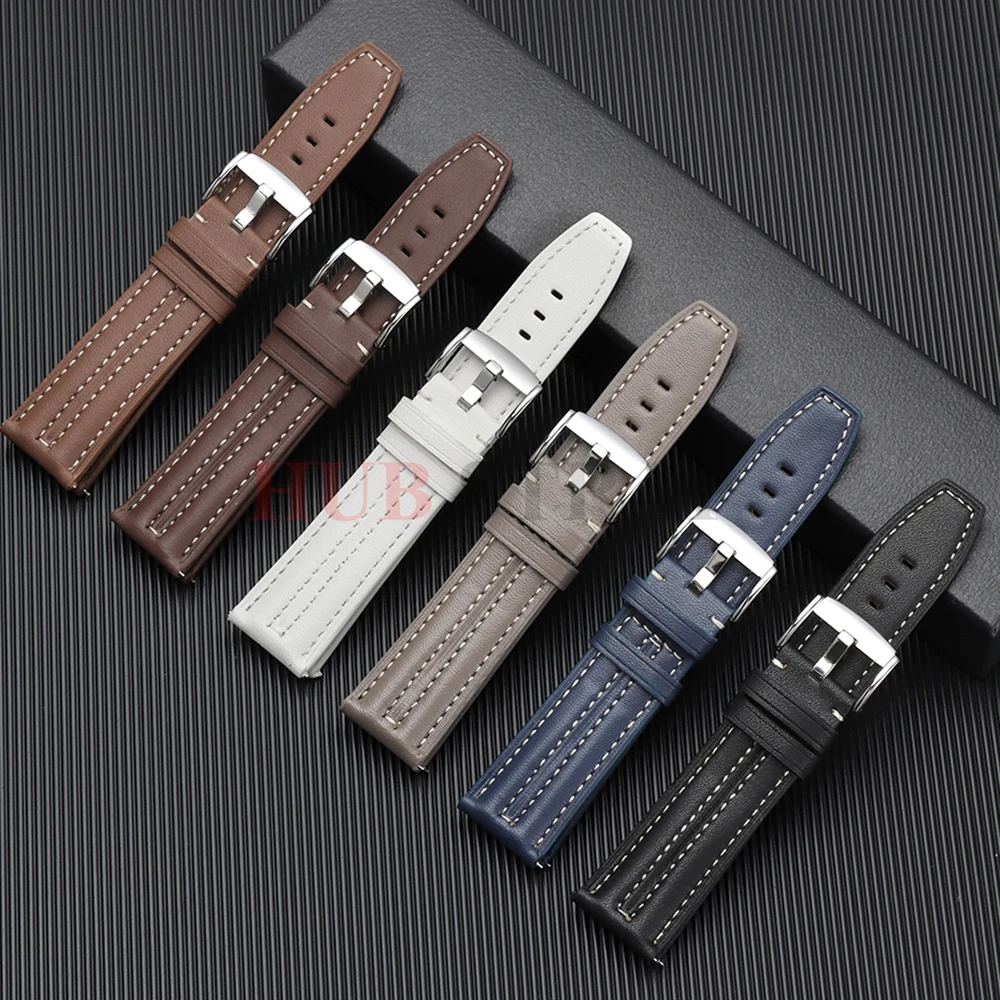 Vintage Handmade Leather Watch Band - Premium Cowhide Strap with Stylish Stitching, 22mm