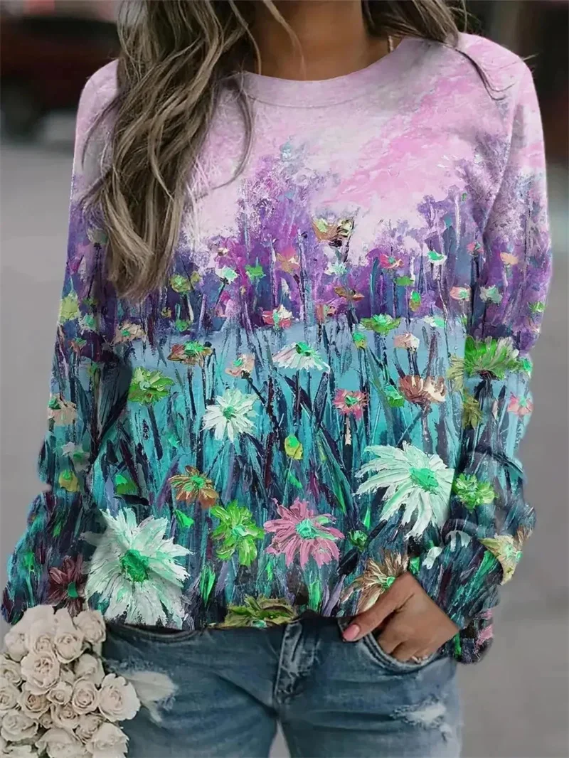 thumbnail image 1 of Nueva camiseta de manga larga con estampado gráfico de pintura al óleo para mujer, camiseta larga de calle con cuello redondo, camiseta holgada Y2k, 1 of 5