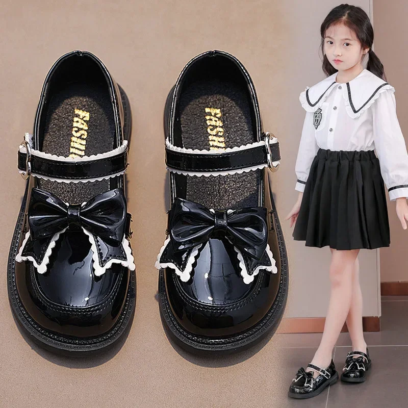 Girls Princess Leather Shoes Spring Autumn Black Children's Flats Fashion Sweet Kids Bowknot Mary Jane Shoes Glossy Thick Bottom - 6