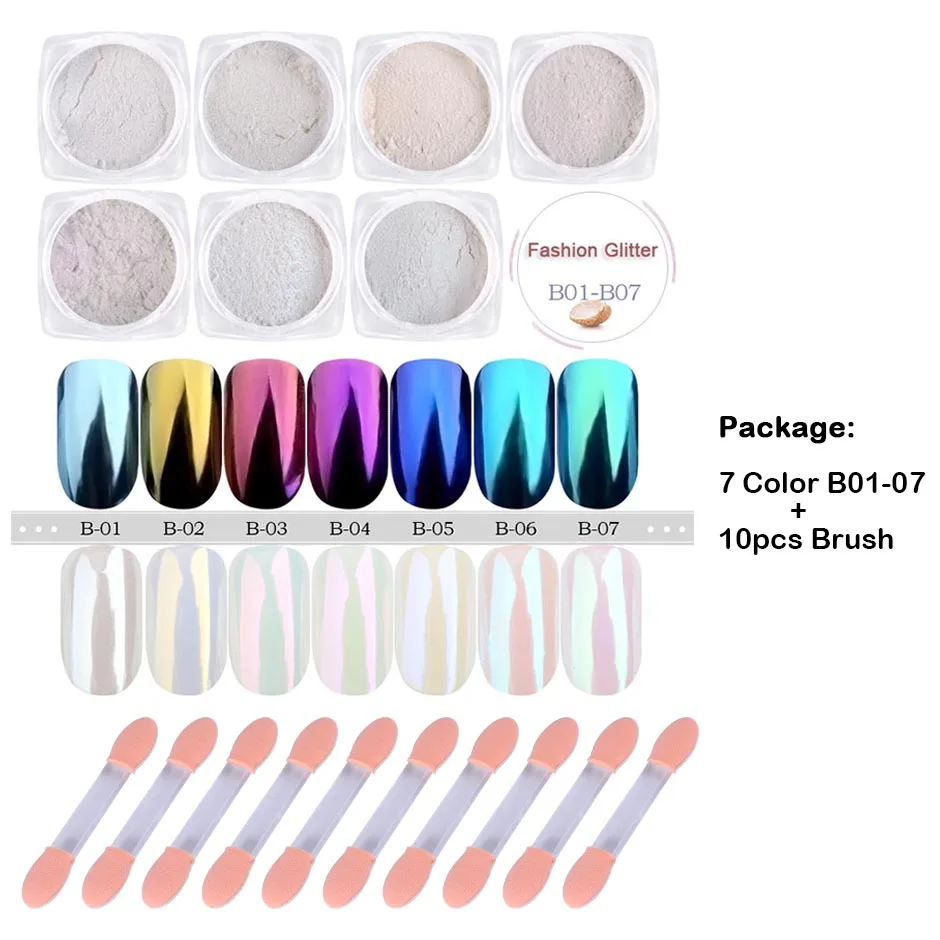Nail Powder Nail Glitter Nail Decoration Nail Decorations Nail Powder Set 7pc Pearl Nail Glitter Brush Set Rub Dipping Powder for Nails Manicure Holographic Mirror Mermaid Gold Blue Nail Dust GLB01-07-1