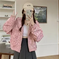 Hot Sale Of The Season Autumn New Pink Leopard Print Hooded Open Cardigan Sweatshirt Short Women's Jacket Outerwear Trendy Korea